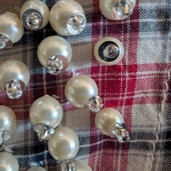 Zara Pearl Embellished Red Gingham Check Snap Front Western Collared Shirt Large - Picture 8 of 8